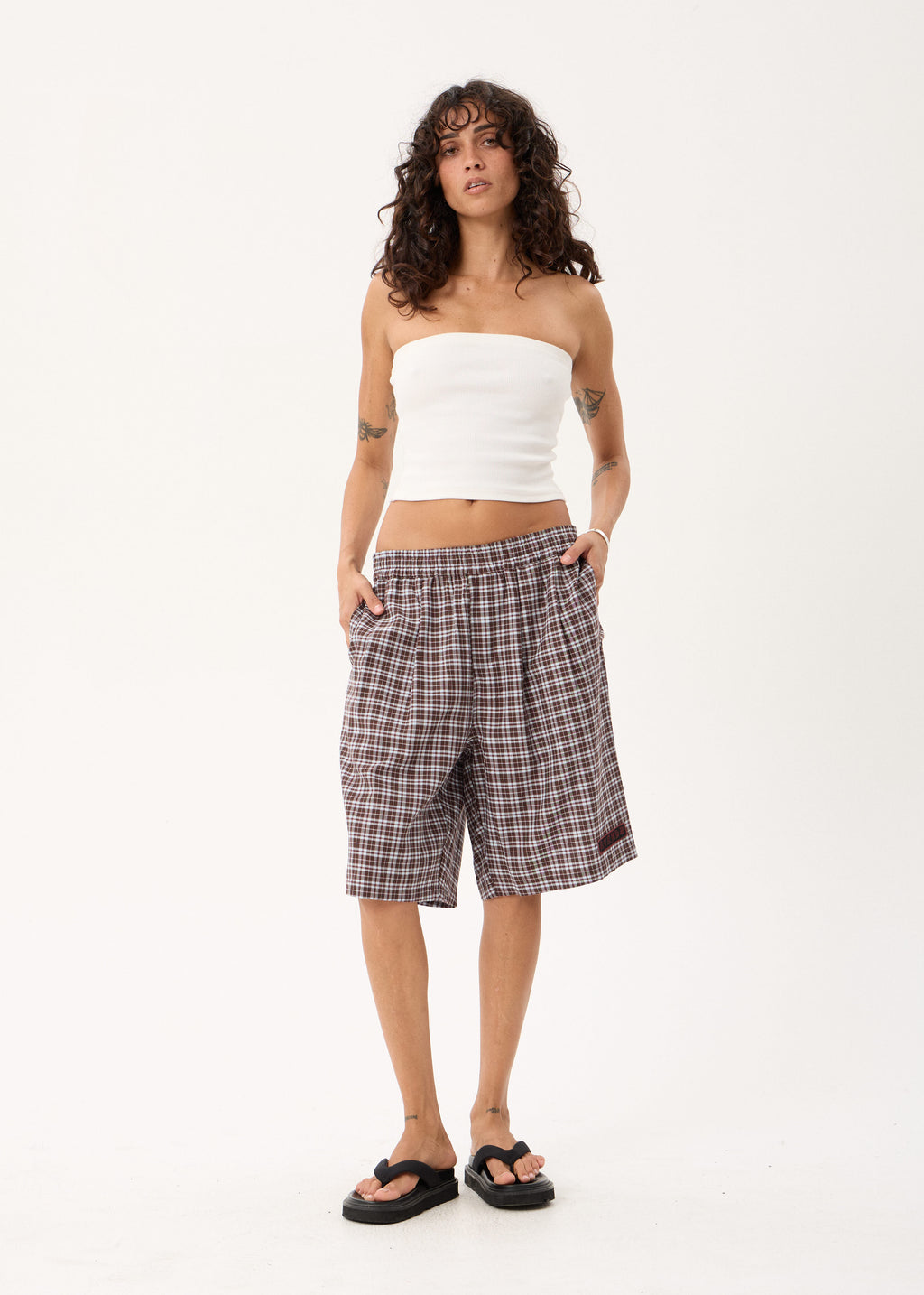 AFENDS Ninety Eight Leisure - Elastic Shorts 22" - Brown / Blue Check