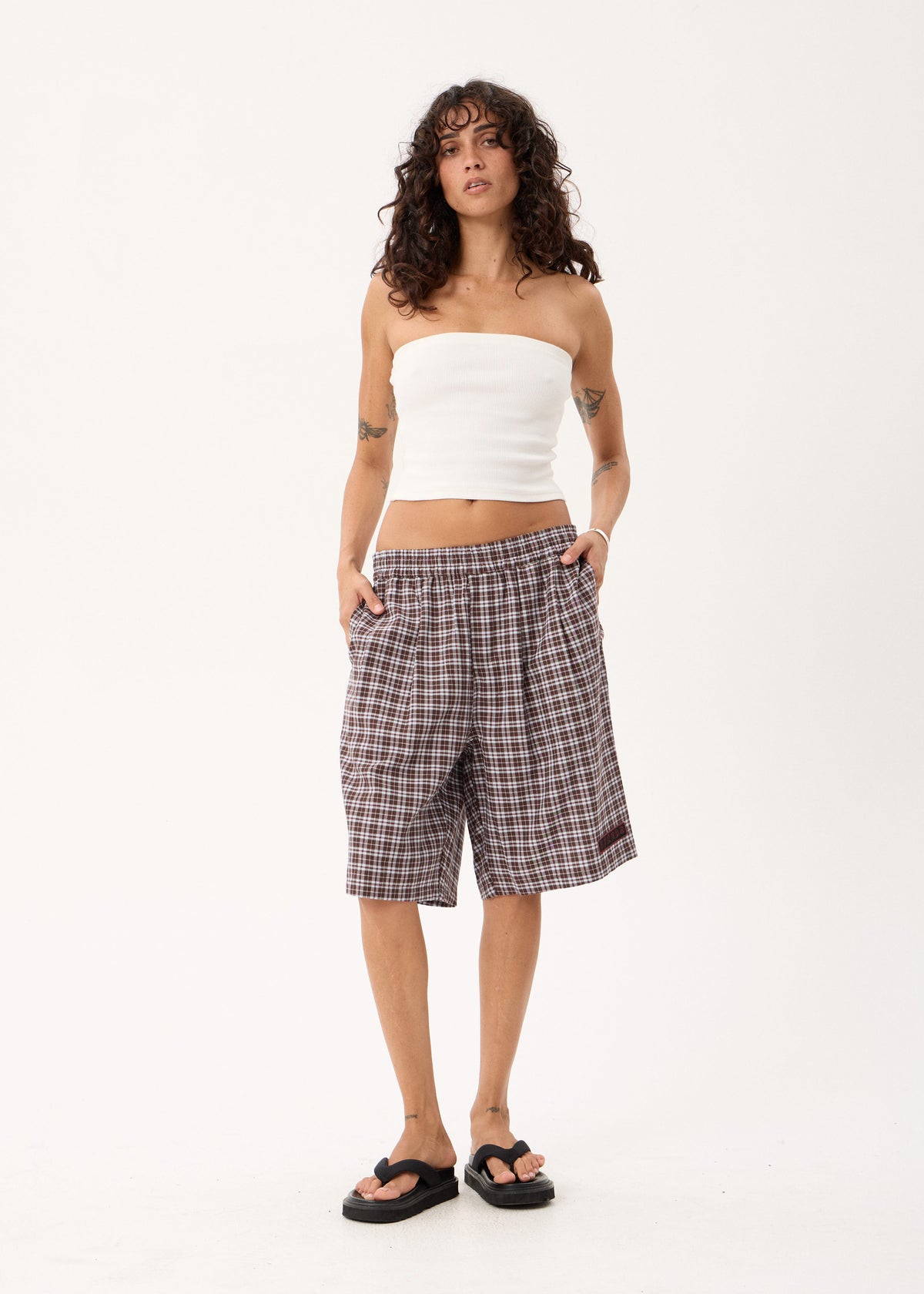 AFENDS Ninety Eight Leisure - Elastic Shorts 22" - Brown / Blue Check