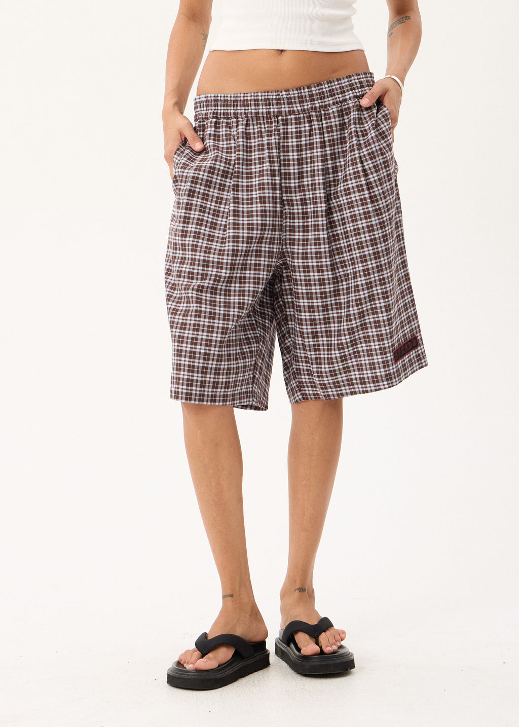 AFENDS Ninety Eight Leisure - Elastic Shorts 22" - Brown / Blue Check