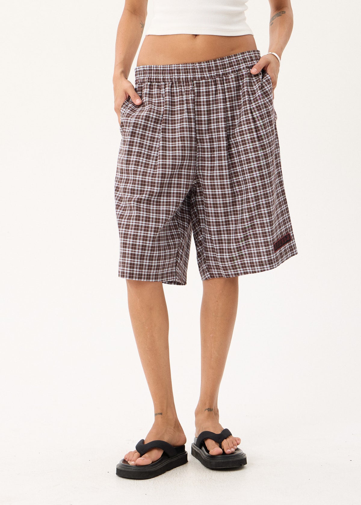 AFENDS Ninety Eight Leisure - Elastic Shorts 22" - Brown / Blue Check