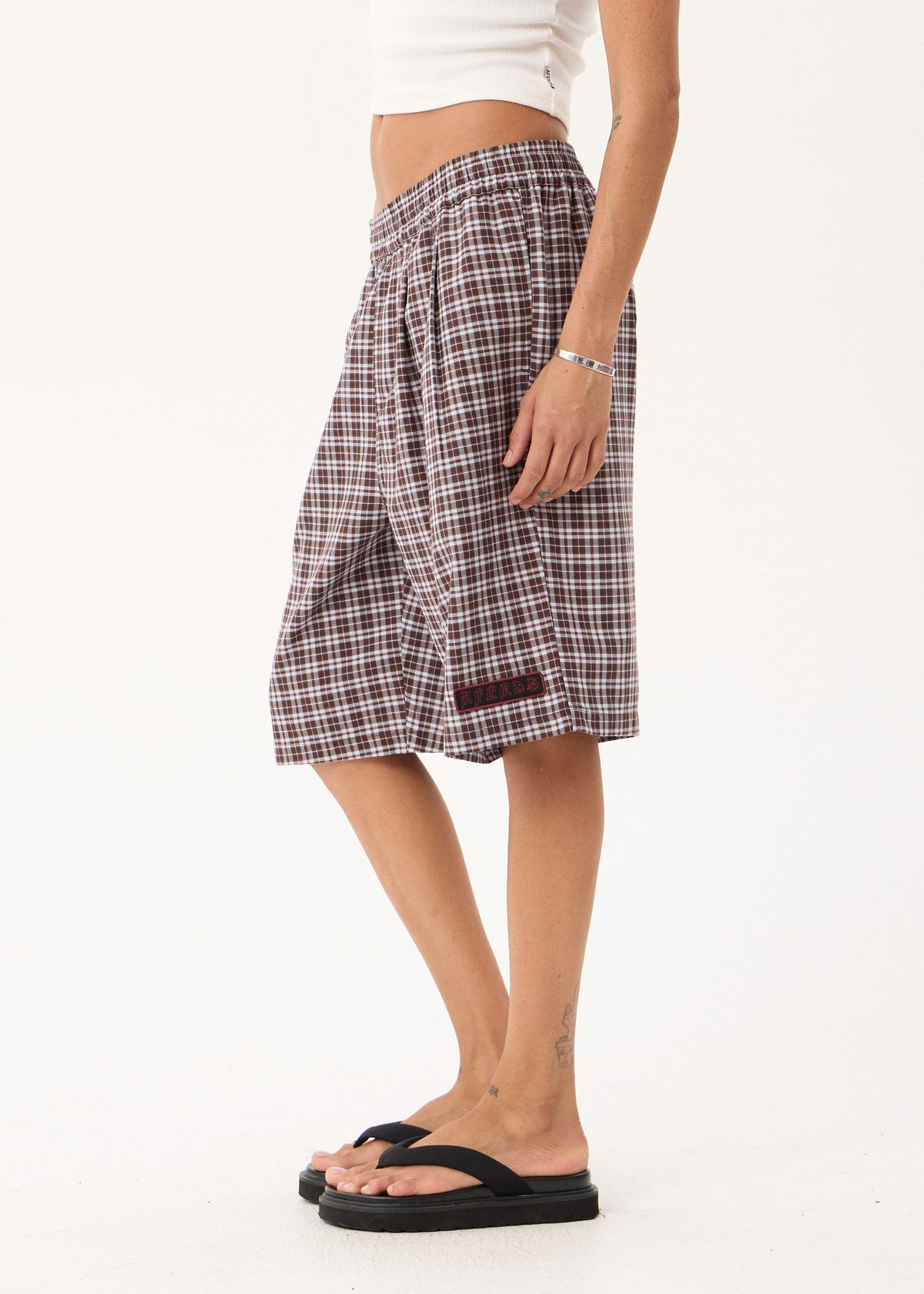 AFENDS Ninety Eight Leisure - Elastic Shorts 22" - Brown / Blue Check