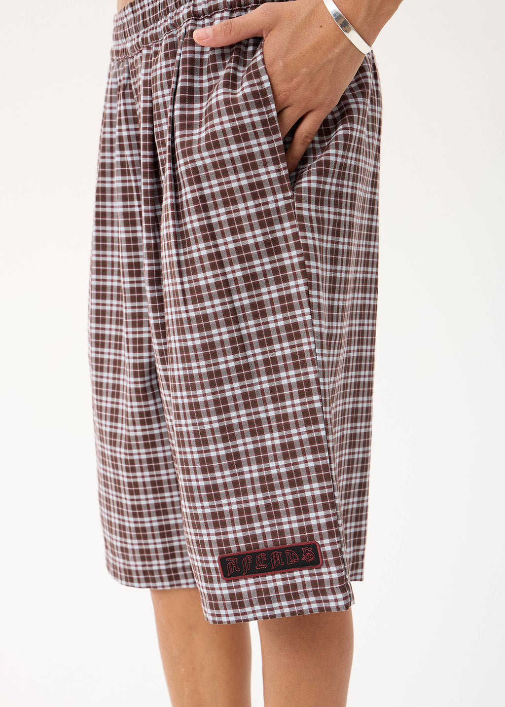 AFENDS Ninety Eight Leisure - Elastic Shorts 22" - Brown / Blue Check