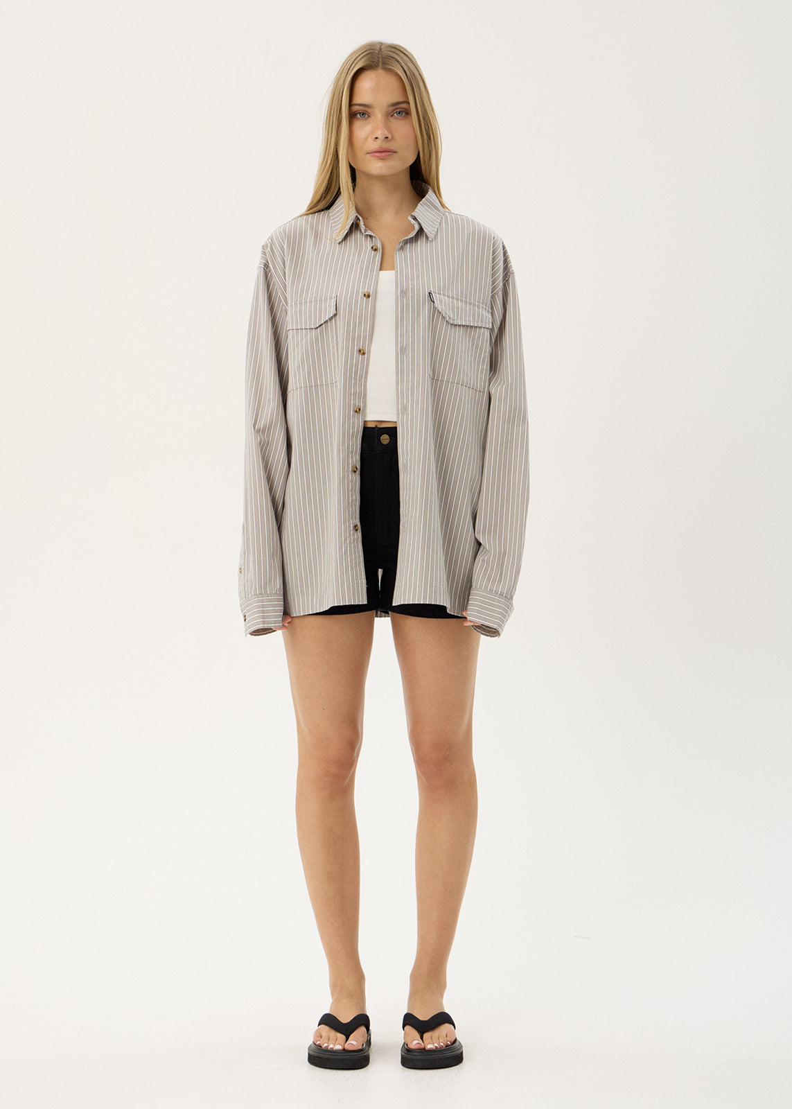 AFENDS Mens Lennox - Oversized Long Sleeve Shirt - Olive Stripe