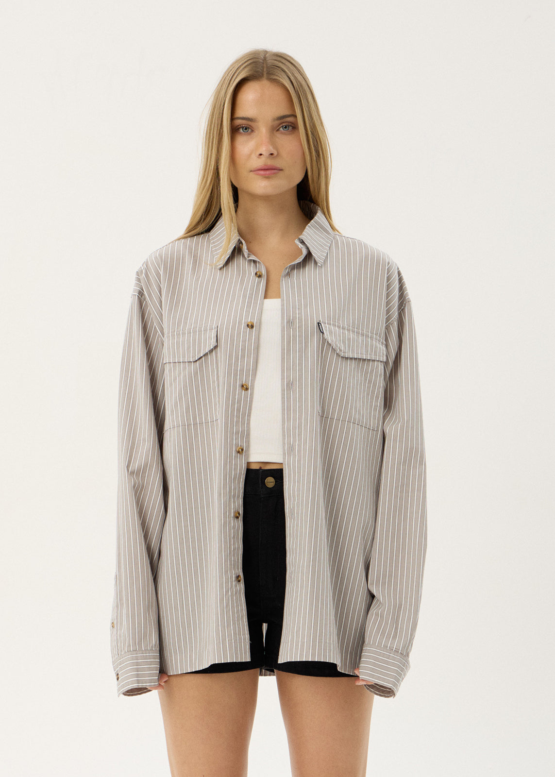 AFENDS Mens Lennox - Oversized Long Sleeve Shirt - Olive Stripe