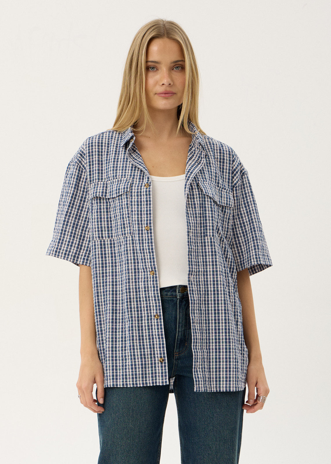 AFENDS Mens Noah - Short Sleeve Shirt - Blue Check