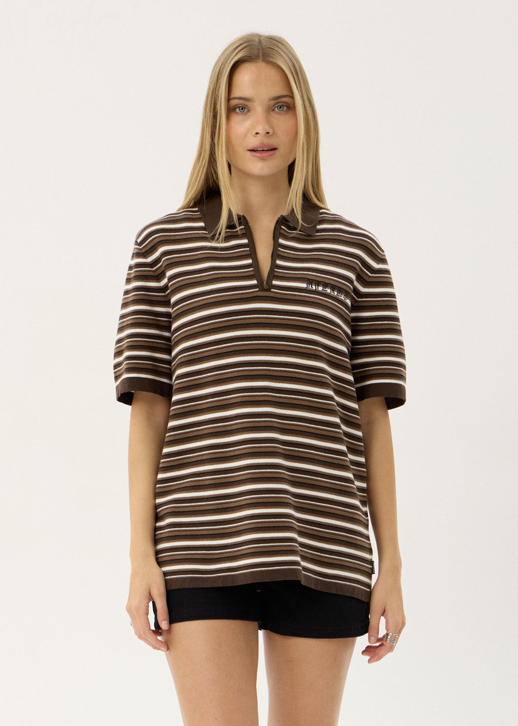 AFENDS Mens Cora - Knit Polo Shirt - Coffee Stripe