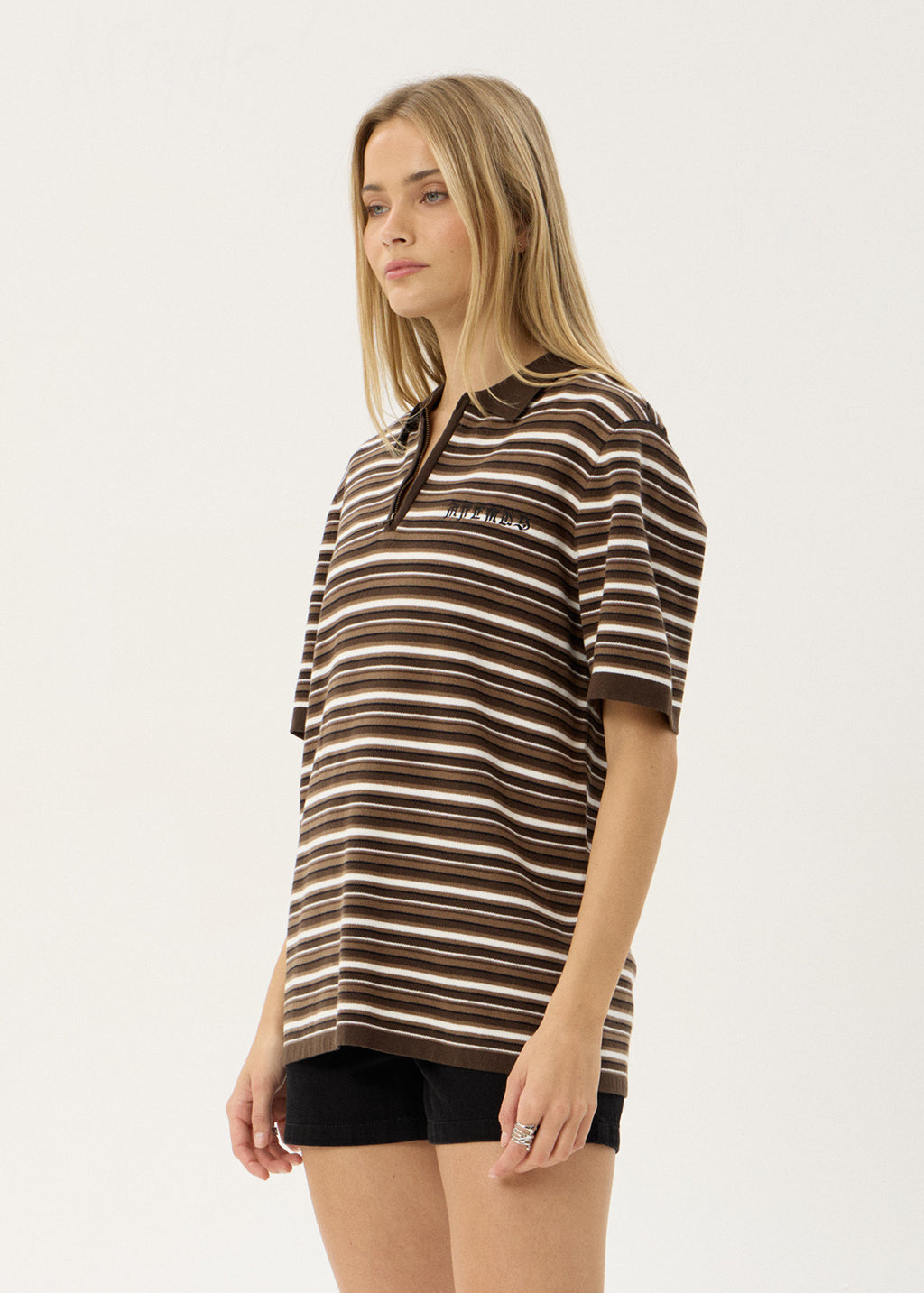 AFENDS Mens Cora - Knit Polo Shirt - Coffee Stripe