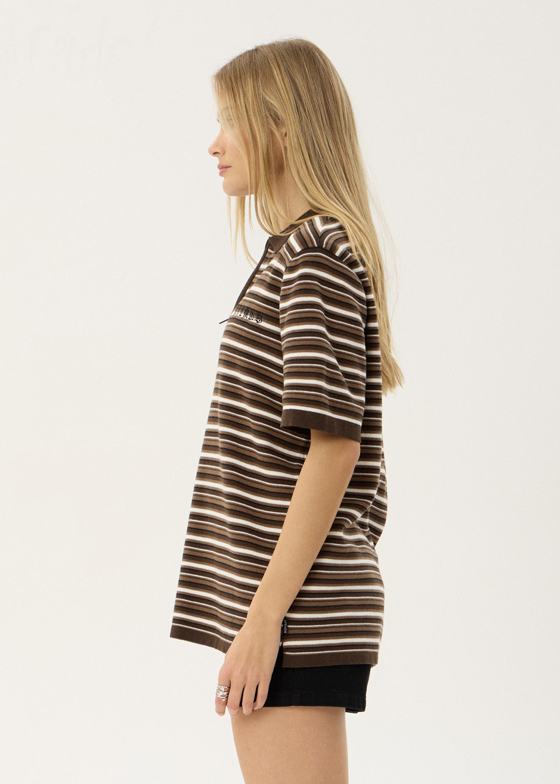 AFENDS Mens Cora - Knit Polo Shirt - Coffee Stripe