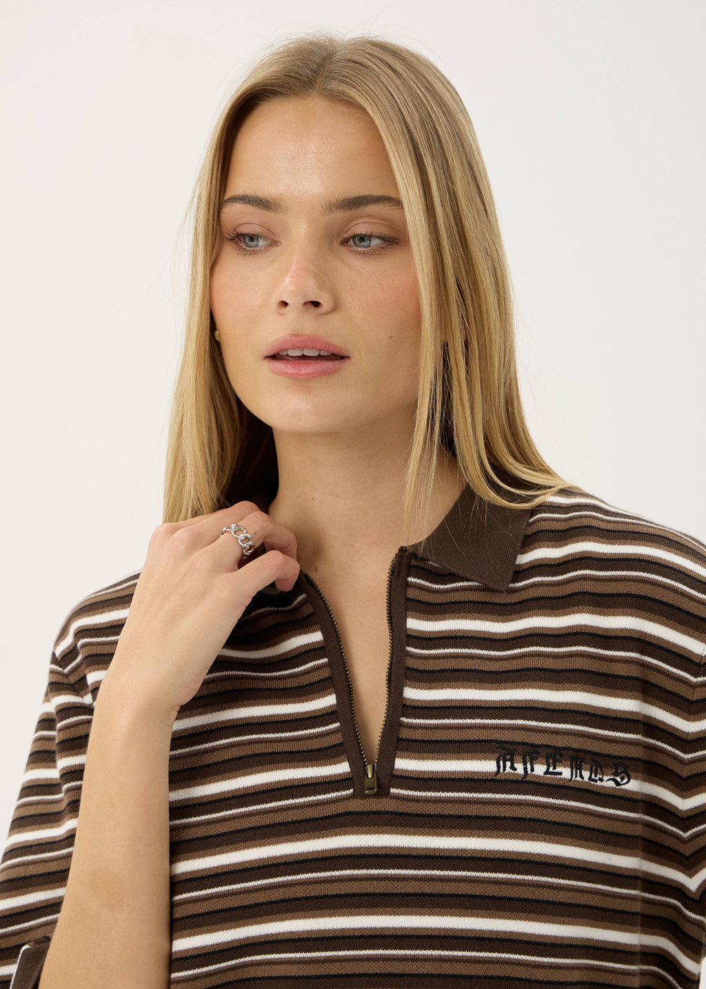 AFENDS Mens Cora - Knit Polo Shirt - Coffee Stripe