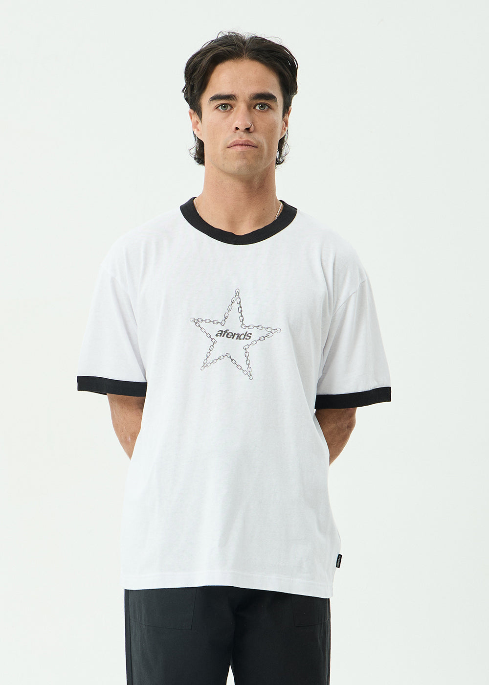 AFENDS Mens Chains - Boxy Ringer Tee - White