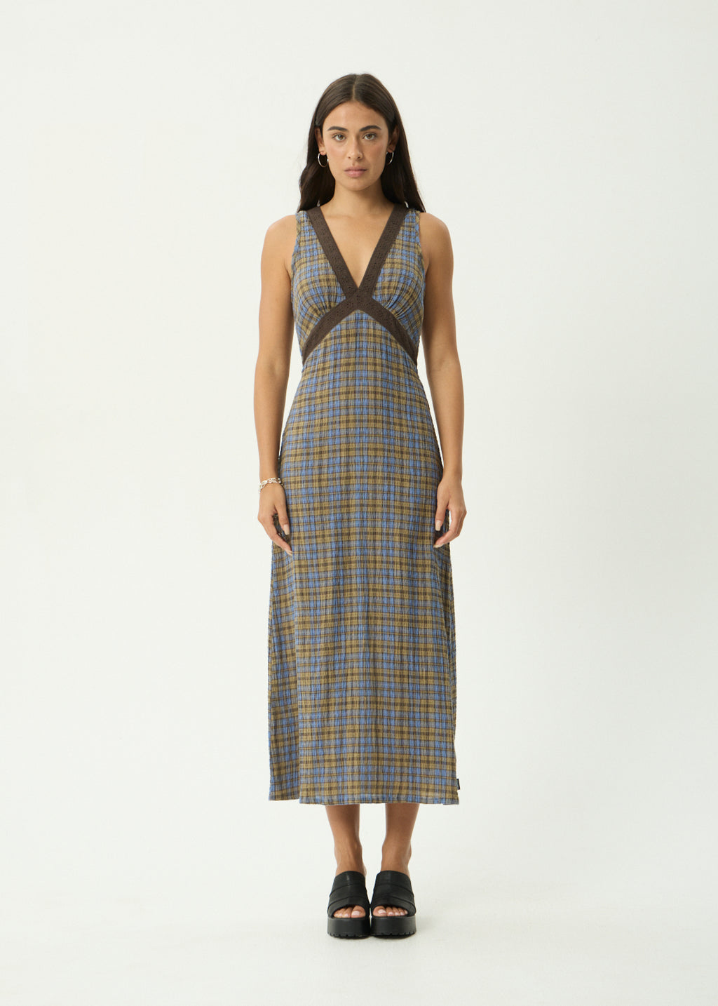 AFENDS Tully - Seersucker Maxi Dress - Cedar / Blue Check