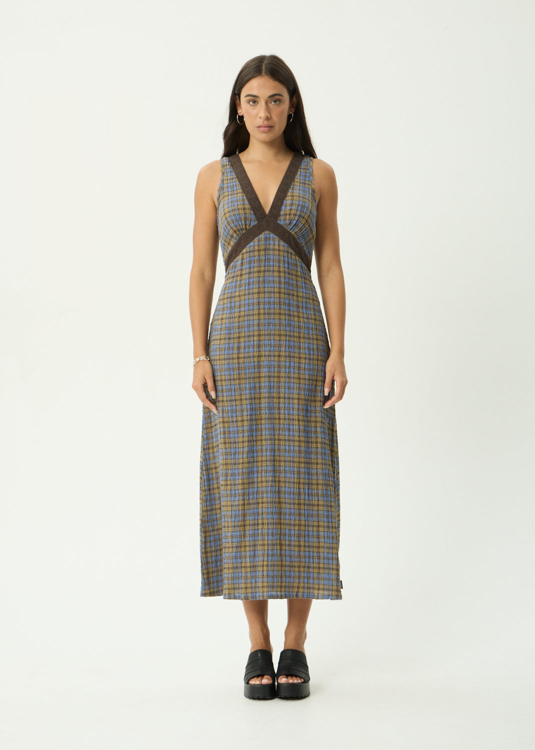 AFENDS Tully - Seersucker Maxi Dress - Cedar / Blue Check