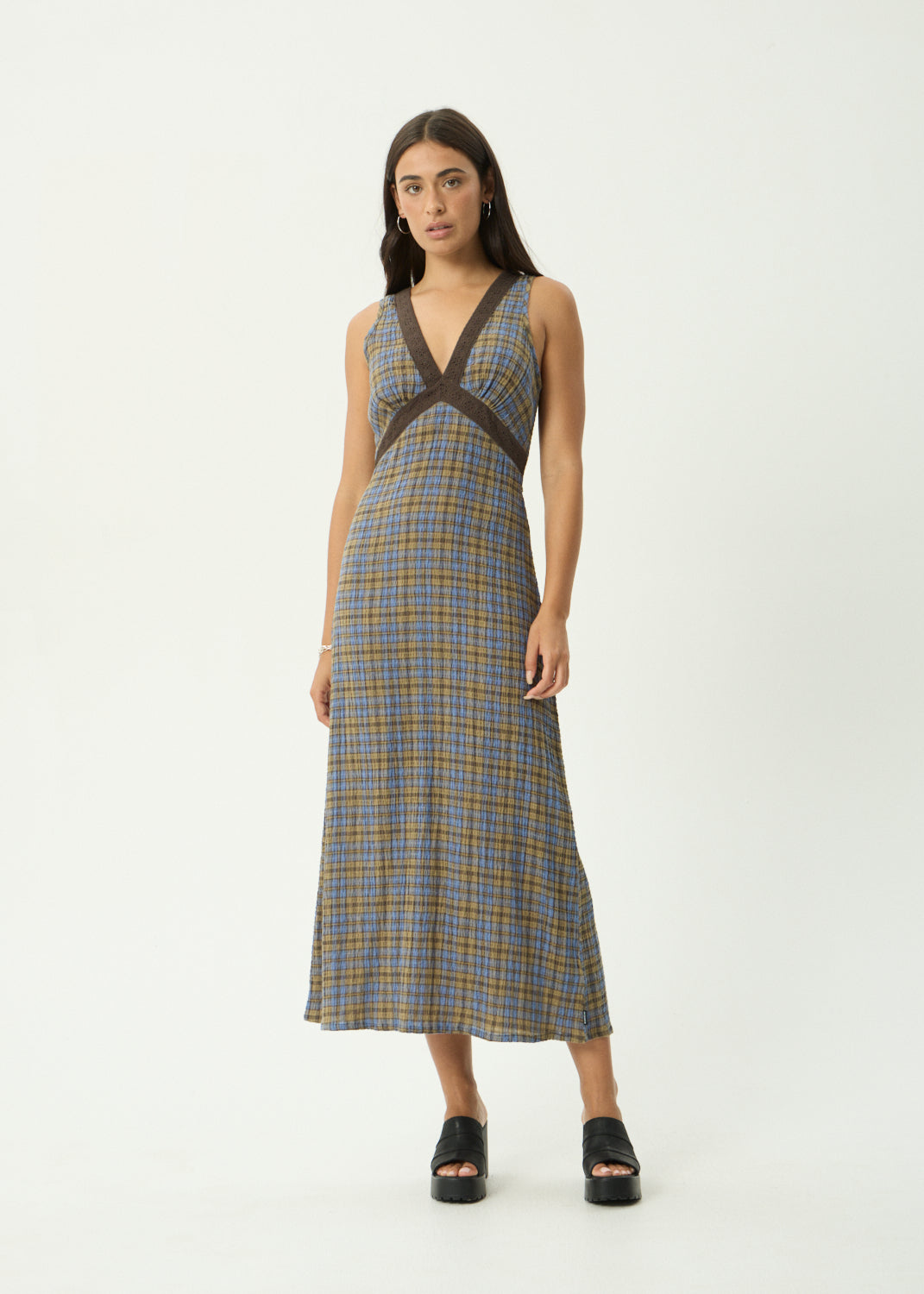 AFENDS Tully - Seersucker Maxi Dress - Cedar / Blue Check