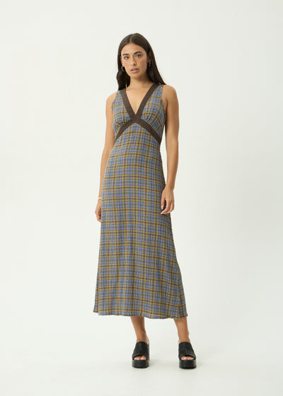 AFENDS Tully - Seersucker Maxi Dress - Cedar / Blue Check