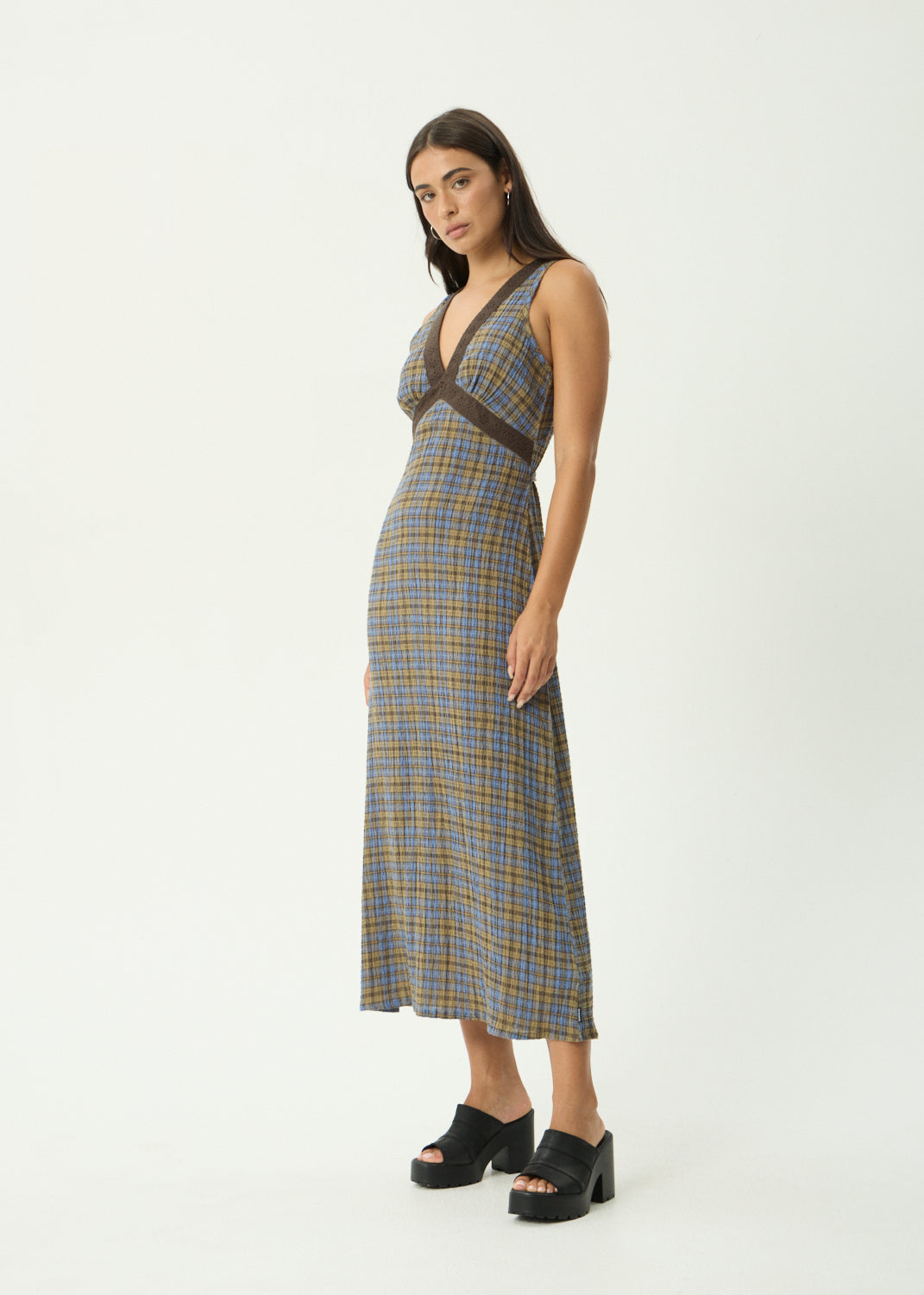 AFENDS Tully - Seersucker Maxi Dress - Cedar / Blue Check