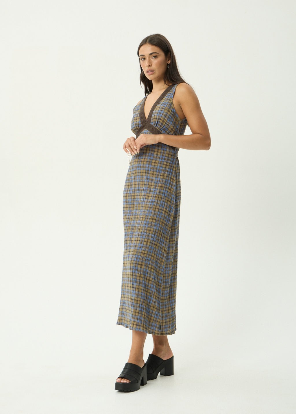 AFENDS Tully - Seersucker Maxi Dress - Cedar / Blue Check