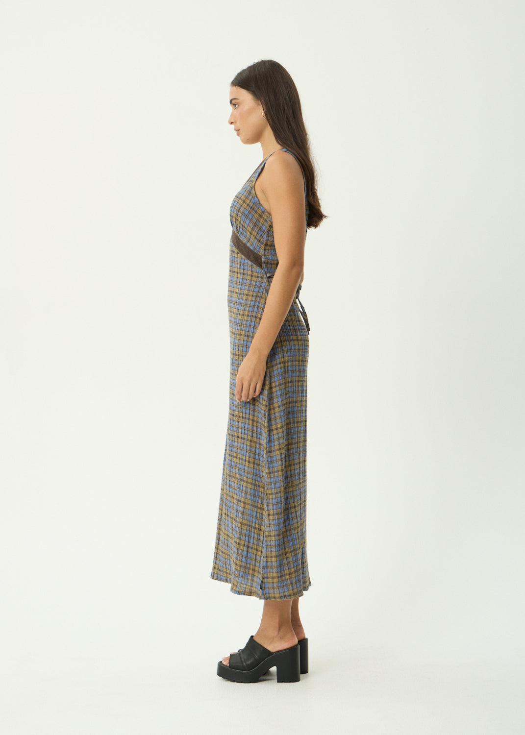 AFENDS Tully - Seersucker Maxi Dress - Cedar / Blue Check