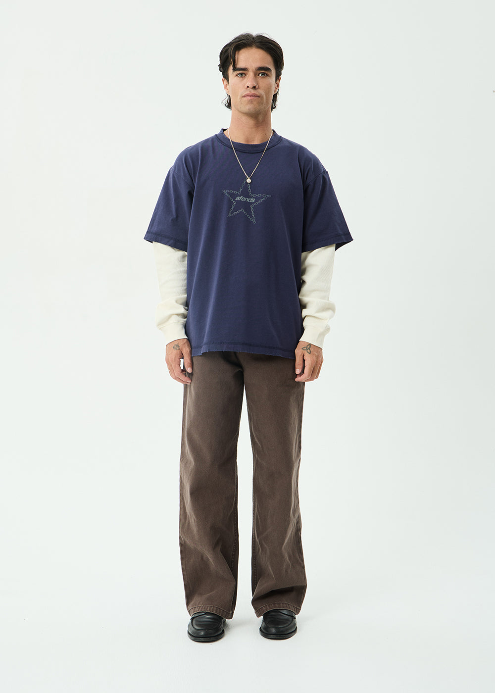 AFENDS Mens Chains - Heavyweight Layered Waffle Boxy Tee - Washed Deep Sea