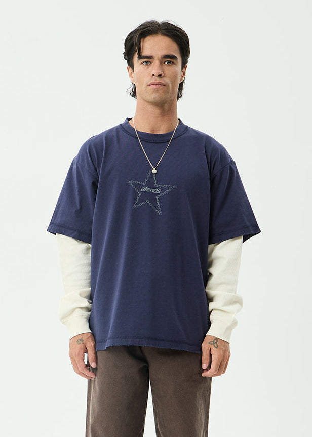 AFENDS Mens Chains - Heavyweight Layered Waffle Boxy Tee - Washed Deep Sea