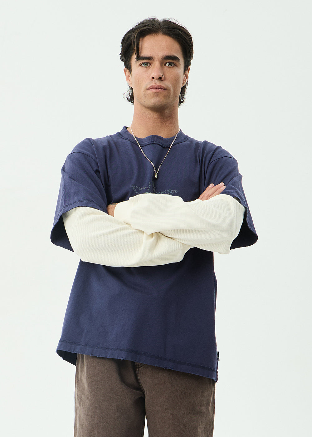 AFENDS Mens Chains - Heavyweight Layered Waffle Boxy Tee - Washed Deep Sea