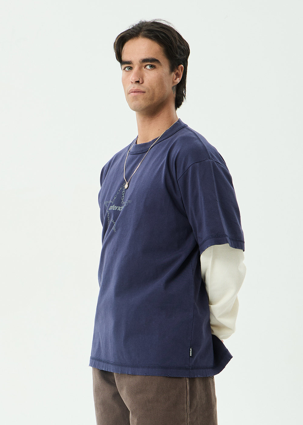 AFENDS Mens Chains - Heavyweight Layered Waffle Boxy Tee - Washed Deep Sea