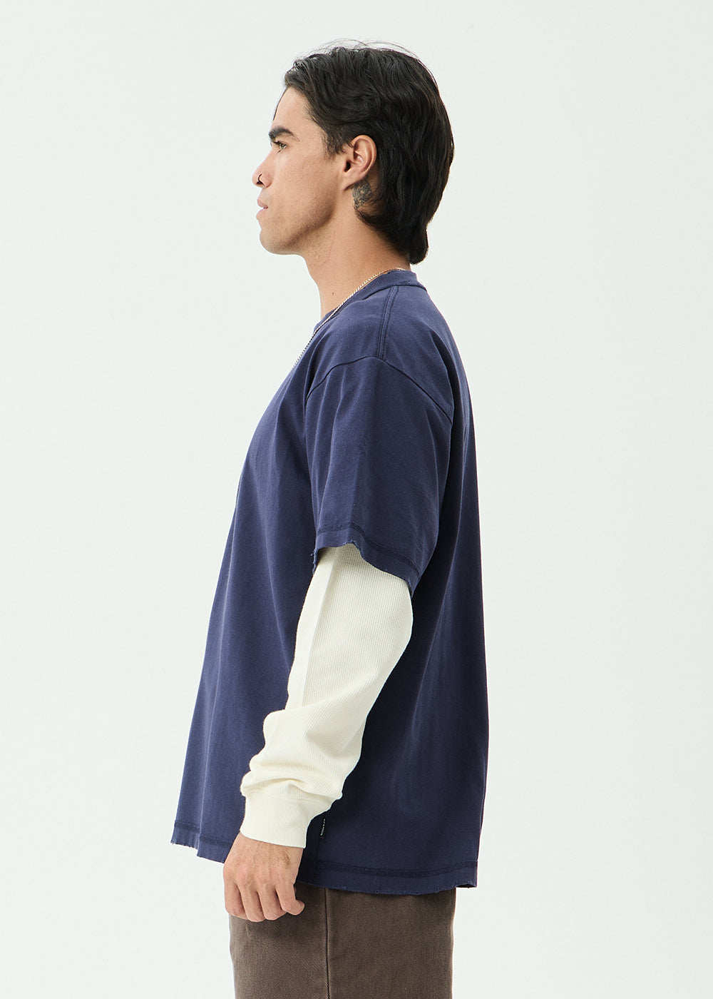 AFENDS Mens Chains - Heavyweight Layered Waffle Long Sleeve Tee - Washed Deep Sea