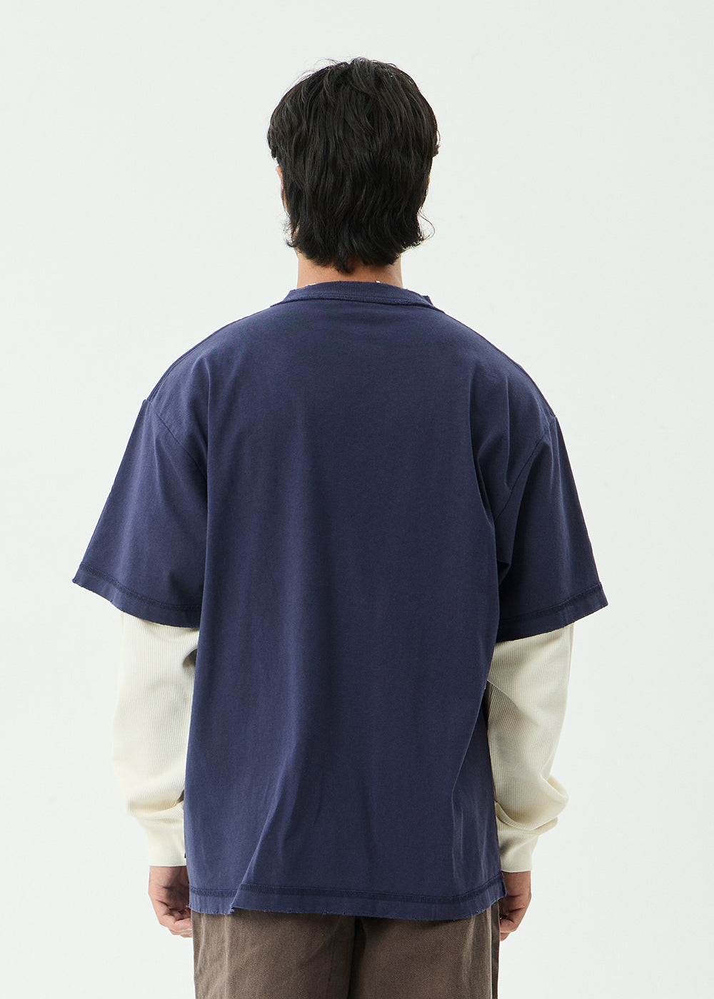 AFENDS Mens Chains - Heavyweight Layered Waffle Long Sleeve Tee - Washed Deep Sea