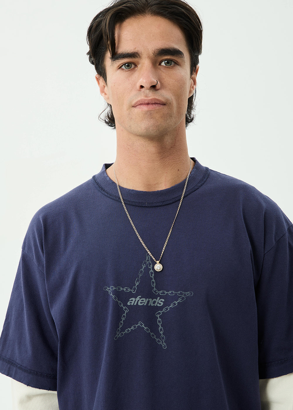 AFENDS Mens Chains - Heavyweight Layered Waffle Boxy Tee - Washed Deep Sea