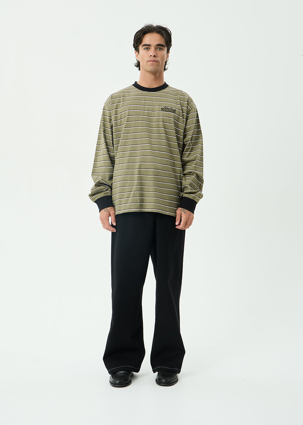 AFENDS Mens Altitude - Boxy Long Sleeve Tee - Stone Stripe