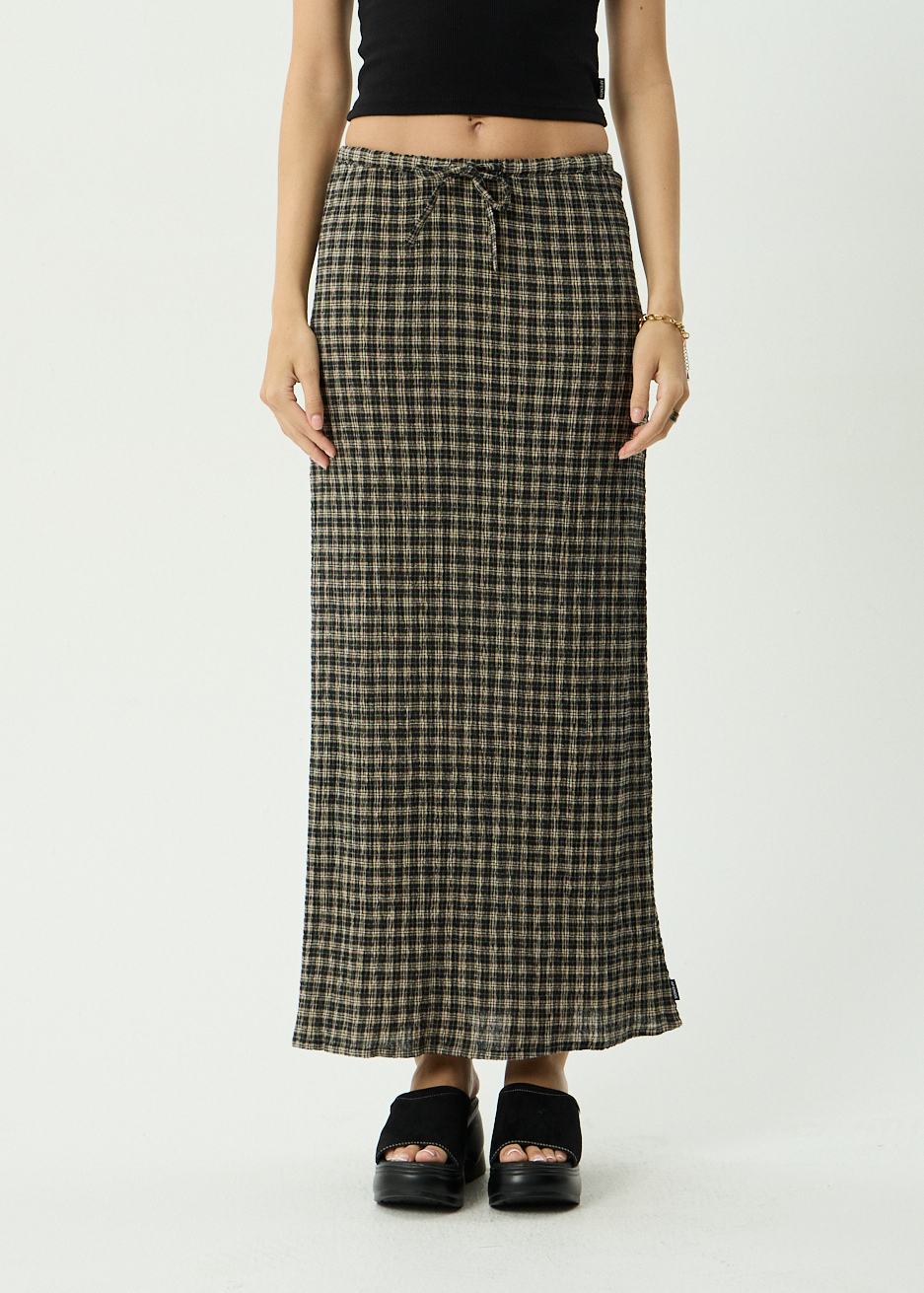 AFENDS Womens Frida - Seersucker Maxi Skirt - Tan / Olive Check