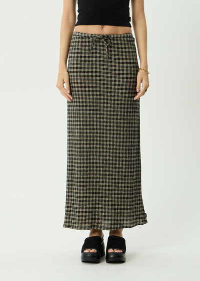 AFENDS Womens Frida - Seersucker Maxi Skirt - Tan / Olive Check