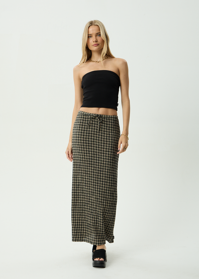 AFENDS Womens Frida - Seersucker Maxi Skirt - Tan / Olive Check