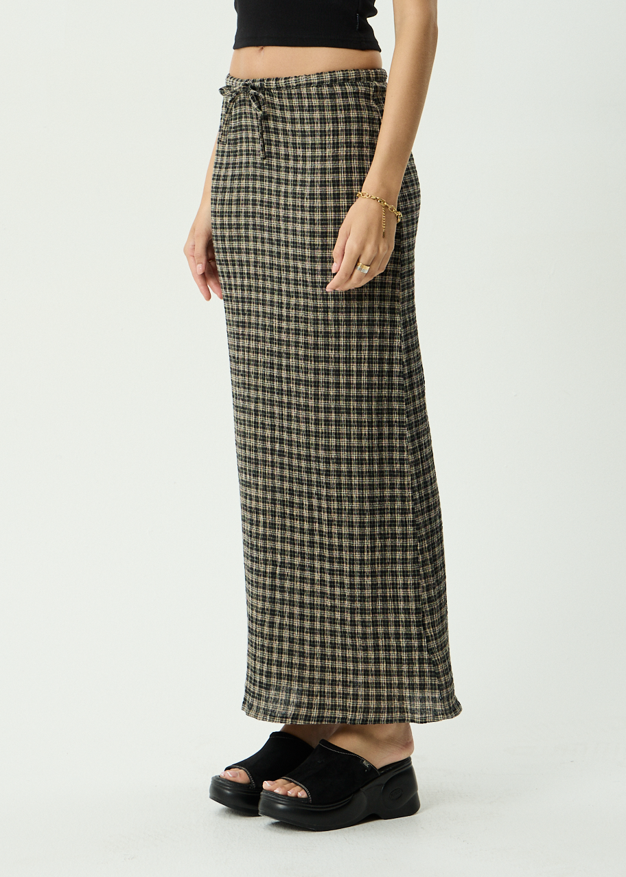 AFENDS Womens Frida - Seersucker Maxi Skirt - Tan / Olive Check