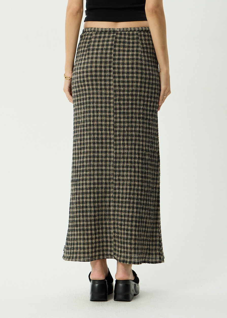 AFENDS Womens Frida - Seersucker Maxi Skirt - Tan / Olive Check