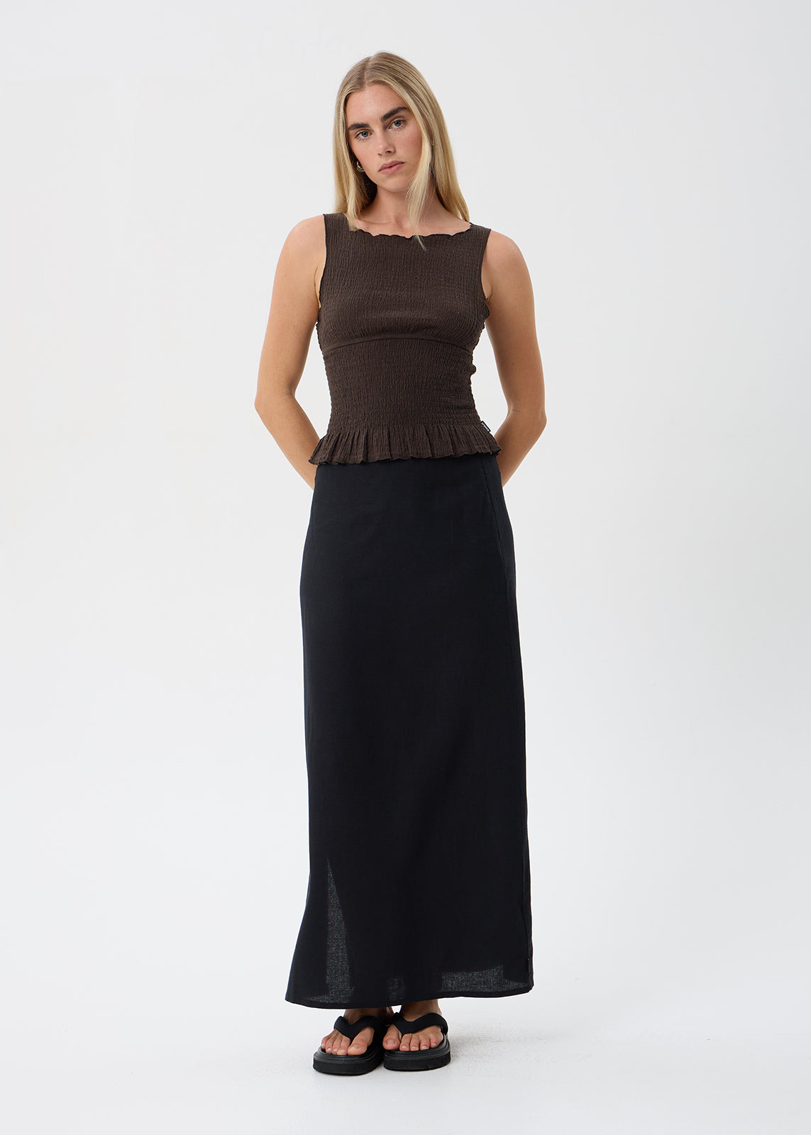 AFENDS Cedar - Seersucker Sleeveless Top - Coffee