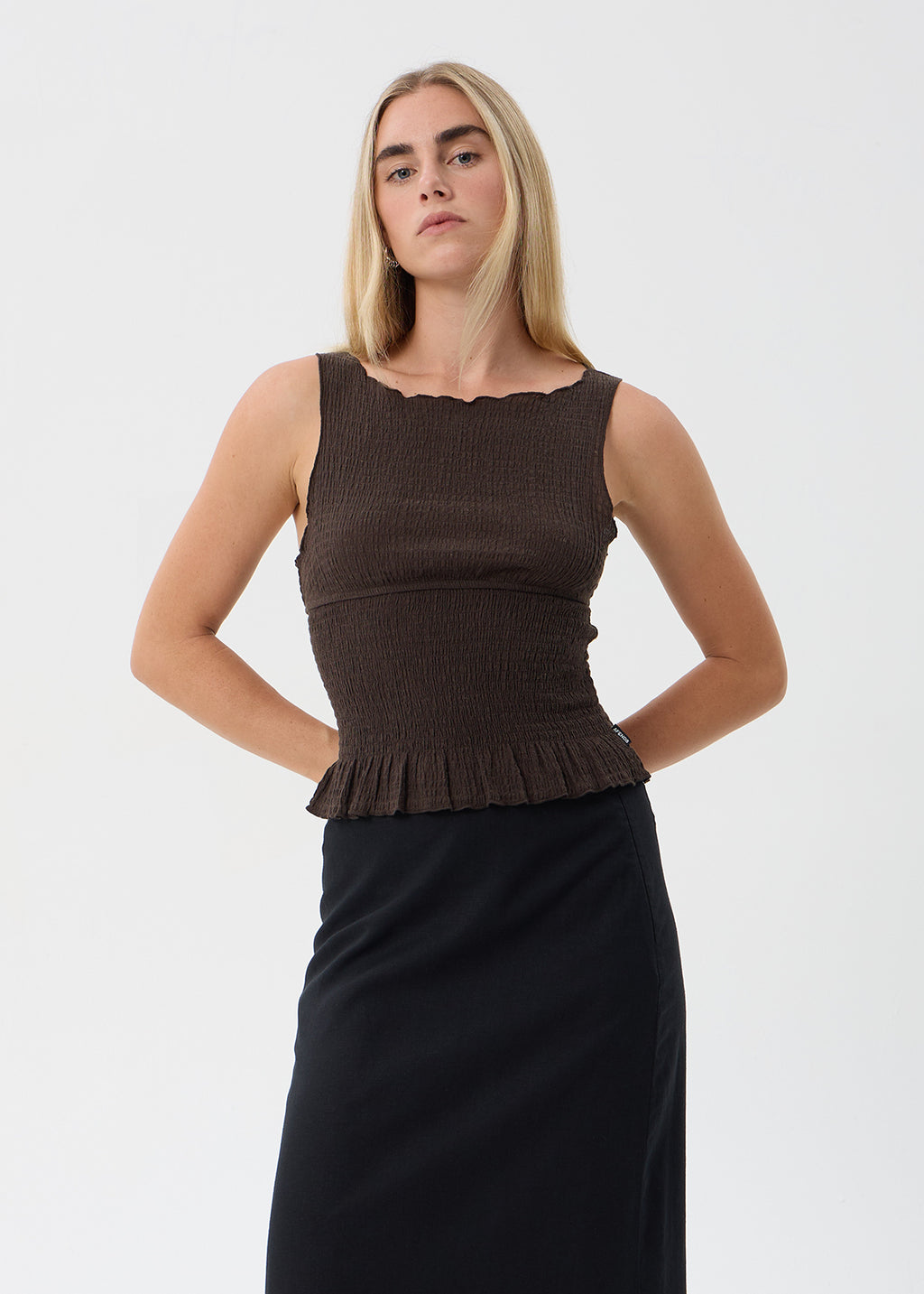 AFENDS Cedar - Seersucker Sleeveless Top - Coffee