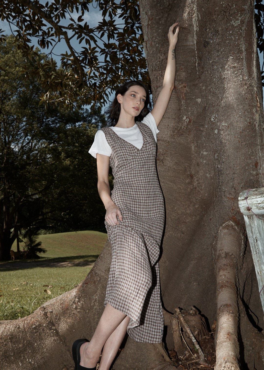 AFENDS Womens Base - Seersucker Check Maxi Dress - Coffee Check 