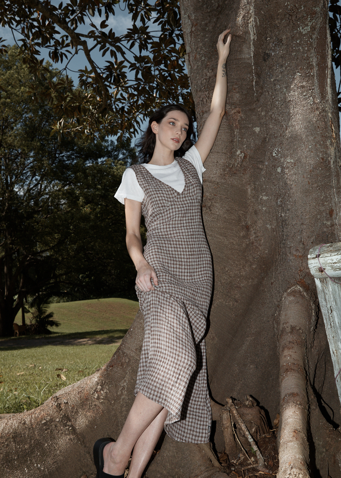 Afends Womens Base - Seersucker Check Maxi Dress - Coffee Check