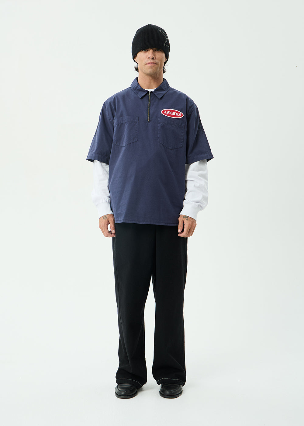 AFENDS Mens Supply - Workwear Short Sleeve Shirt - Washed Deep Sea