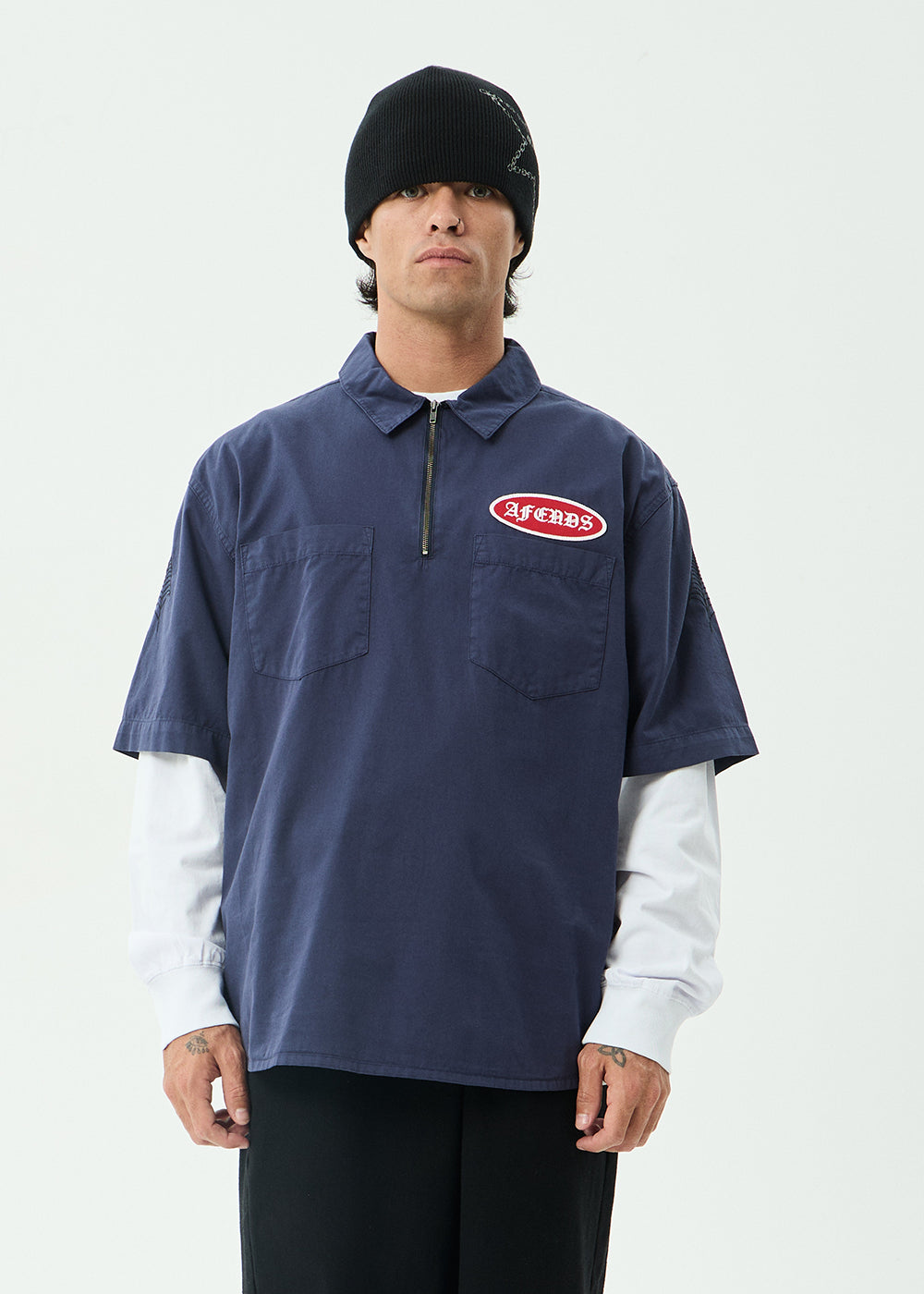 AFENDS Mens Supply - Workwear Short Sleeve Shirt - Washed Deep Sea