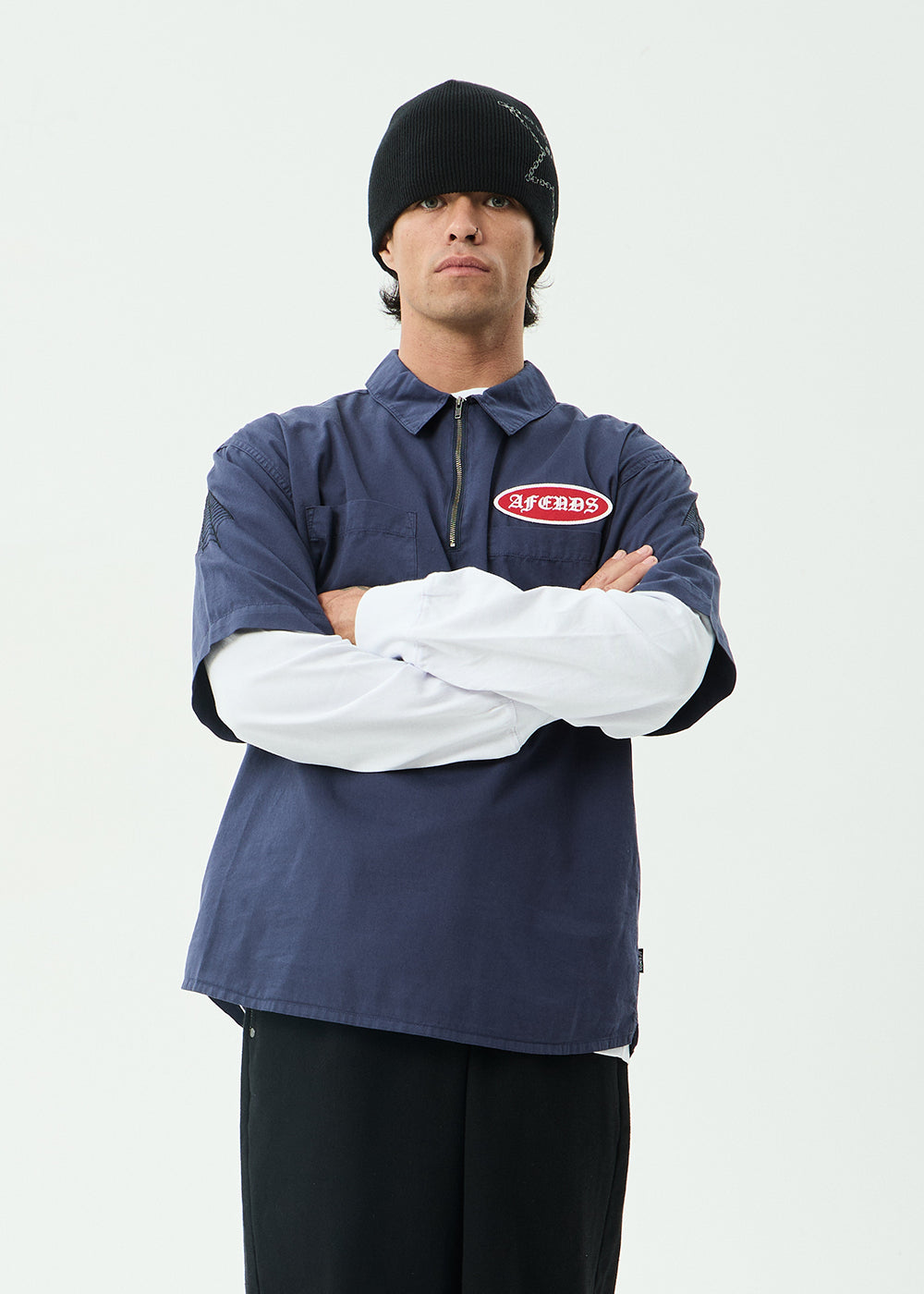 AFENDS Mens Supply - Workwear Short Sleeve Shirt - Washed Deep Sea