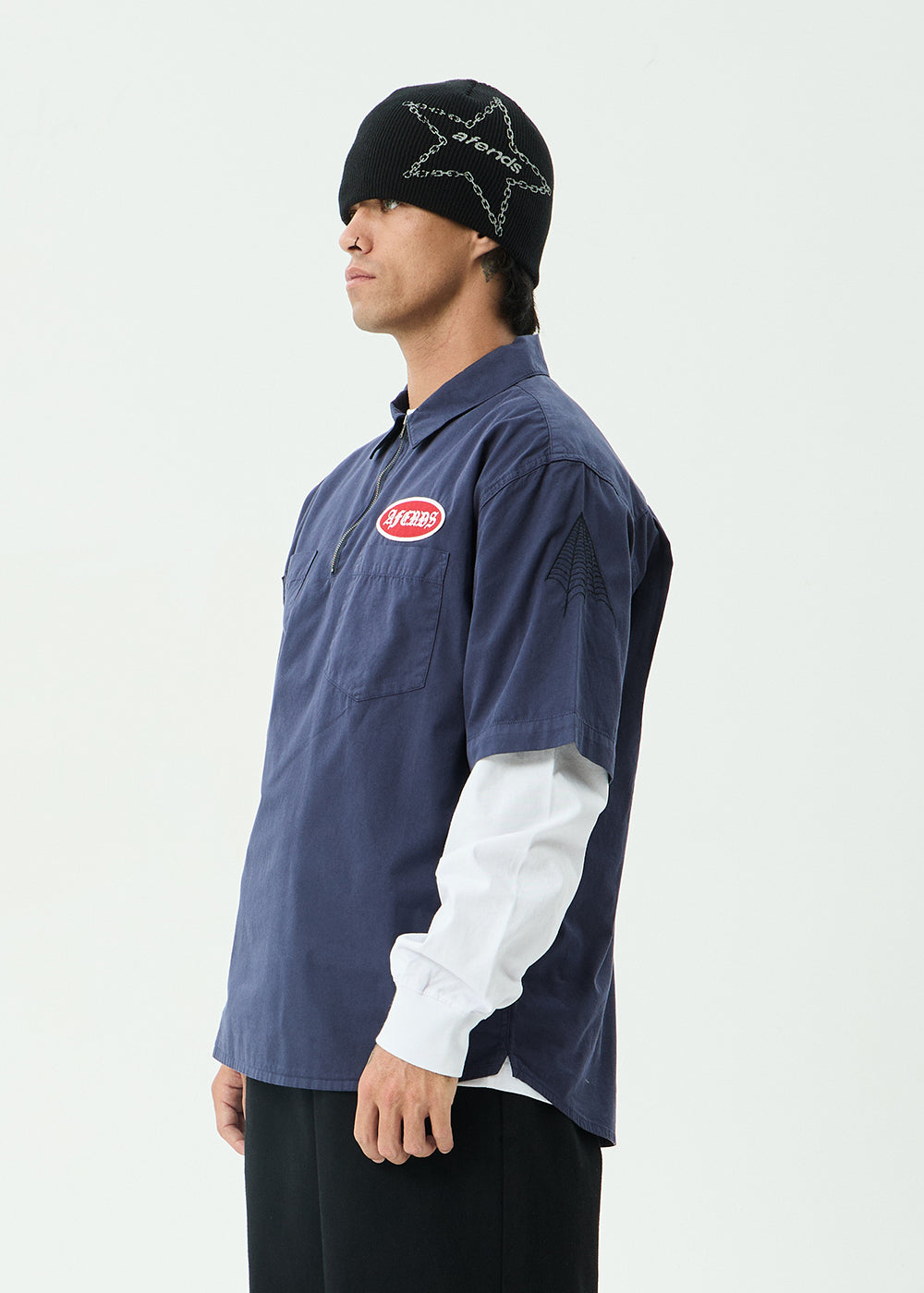 AFENDS Mens Supply - Workwear Short Sleeve Shirt - Washed Deep Sea