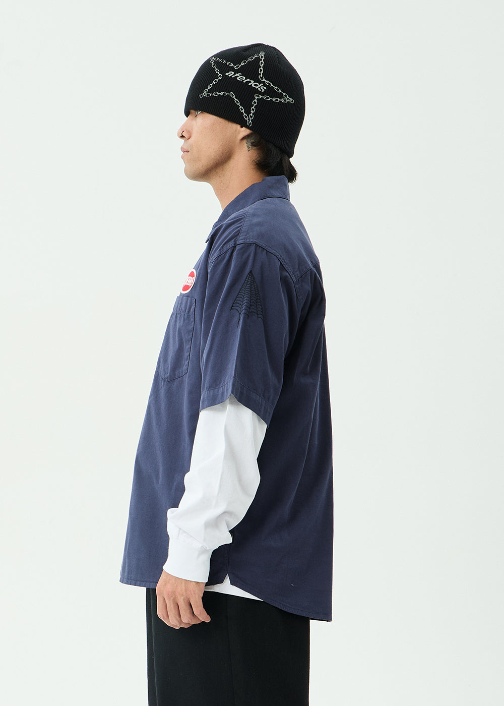 AFENDS Mens Supply - Workwear Short Sleeve Shirt - Washed Deep Sea