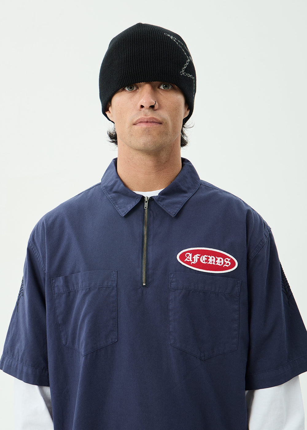 AFENDS Mens Supply - Workwear Short Sleeve Shirt - Washed Deep Sea