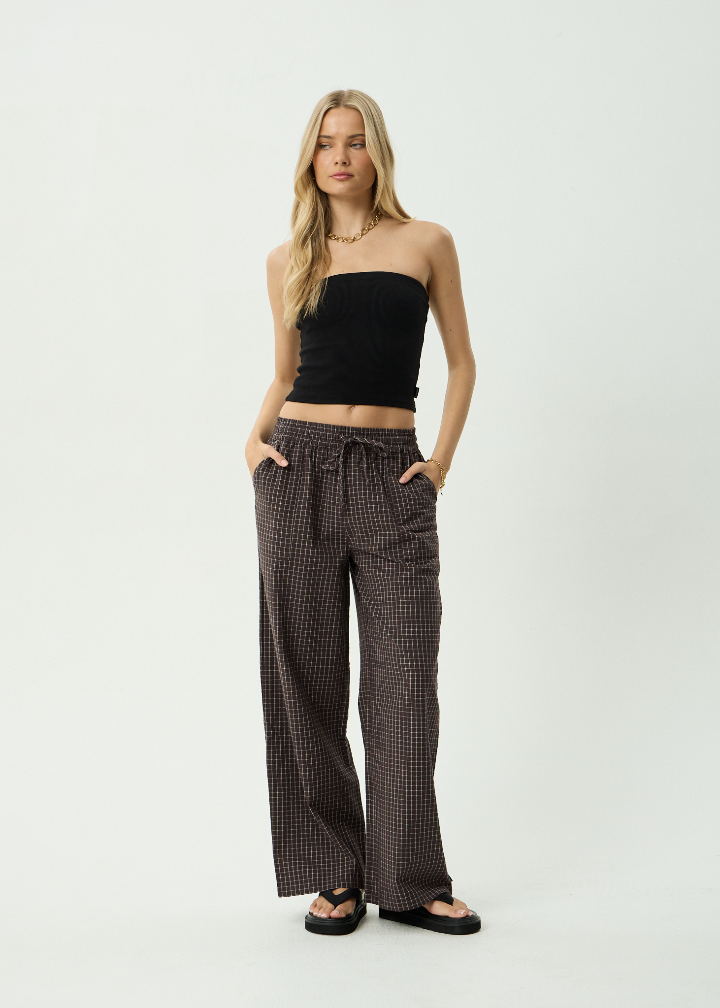 AFENDS Womens Harriet - Seersucker Wide Leg Pant - Chocolate Check