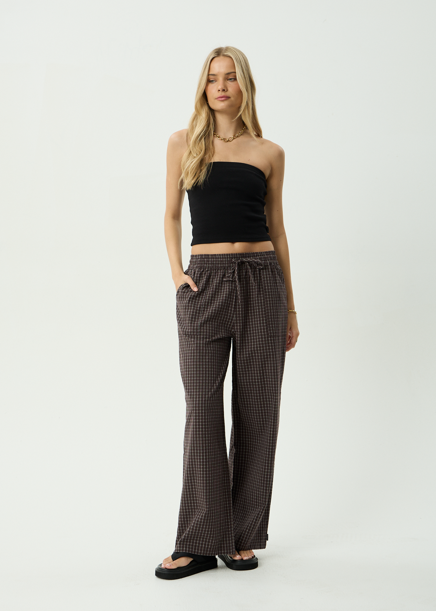 AFENDS Womens Harriet - Seersucker Wide Leg Pant - Chocolate Check