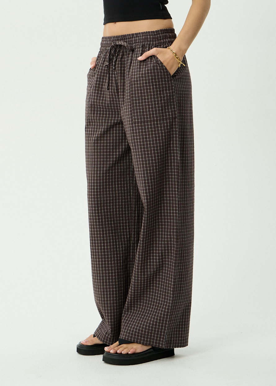 AFENDS Womens Harriet - Seersucker Wide Leg Pant - Chocolate Check