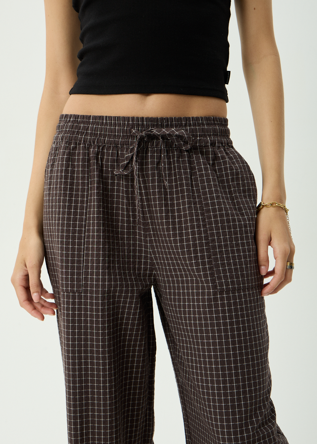 AFENDS Womens Harriet - Seersucker Wide Leg Pant - Chocolate Check