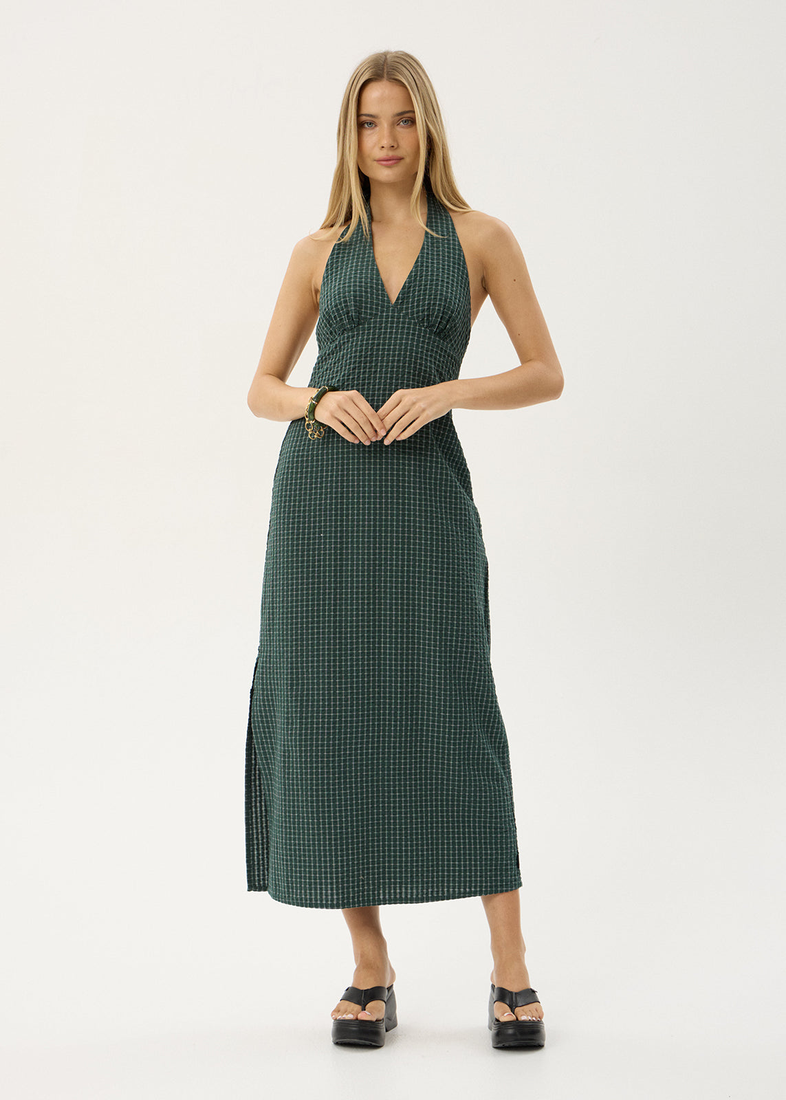AFENDS Womens Alexa - Seersucker Maxi Dress - Reverb Pine Check