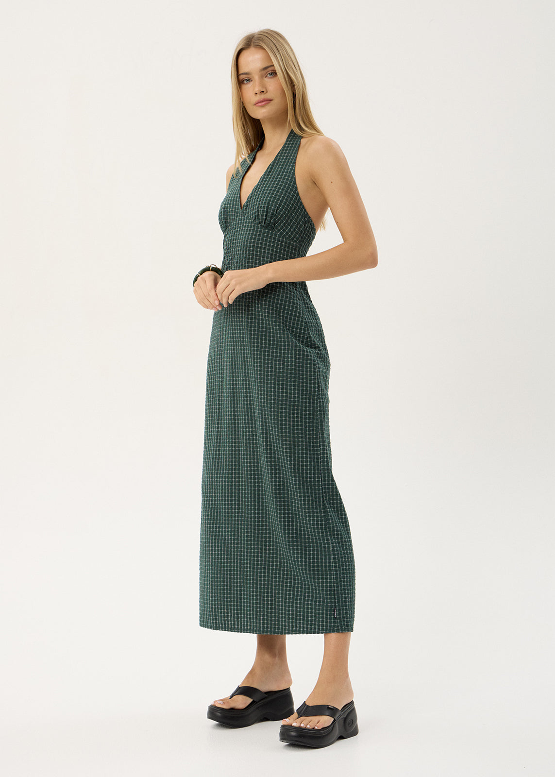 AFENDS Womens Alexa - Seersucker Maxi Dress - Reverb Pine Check